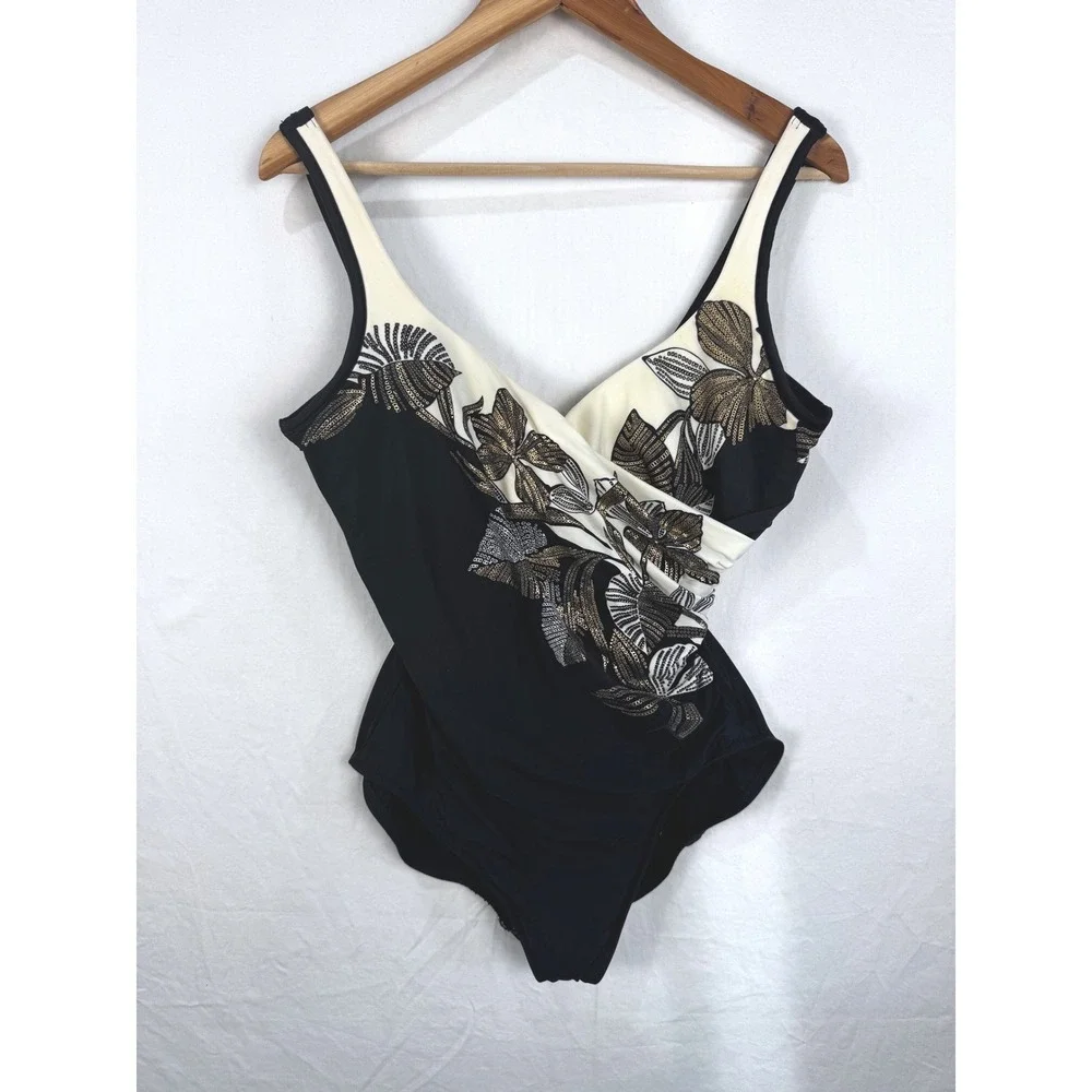 Miraclesuit One Piece Swimsuit Womens 16 Black Gold Floral Sequin It's A Wrap EX